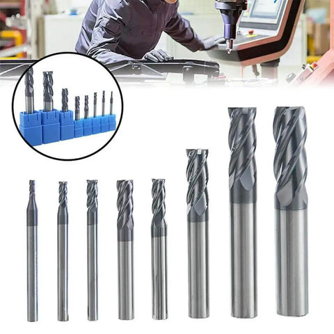 1/32 Inch Carbide Square End Mill Set With 4 Flute HRC 55 AlTiN Coated CNC Router Bits displayed in a row, pack of 5