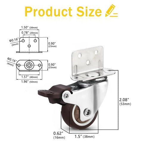 1.5 Inch Swivel Plate TPE Caster Wheels Pack Of 4 With Brake Low Profile L Bracket Casters shown with dimensions and brake