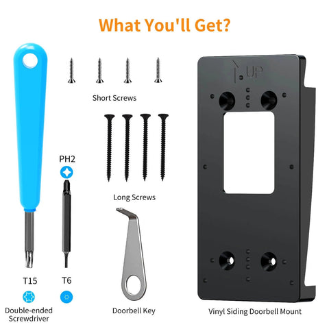Vinyl Siding Doorbell Wall Mount Kit For Ring Video Doorbell Models 1 And 2 From 2020, 3, 3 Plus And 4, Plus Battery Doorbell Plus Pro And Battery Doorbell 2024, Vertical Angle Wedge Mount Bracket Plate For Secure Four Inch Siding with screws, screwdriver, and removal key.