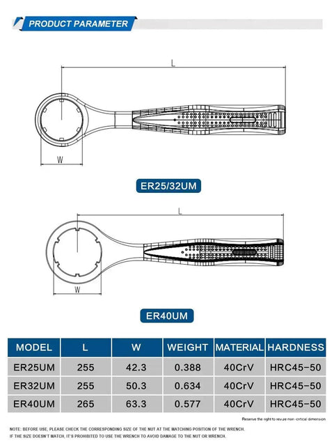 Technical drawing of Pro Grade ER Nut Wrench Set for ER25UM ER32UM ER40UM Collet Chuck Lathe CNC, showing dimensions and specifications.