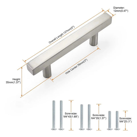 Pack of 10 Satin Nickel Stainless Steel Cabinet Handles with 76mm Hole Centers 127mm Overall Length T Bar Drawer Pulls