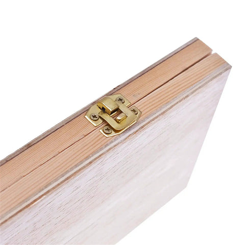 Close-up of wooden case corner for 12-Pack Hardened Steel Angle Gauge Block Set With Case For Lathes And Milling, Go-To For Machinists And Inspectors.