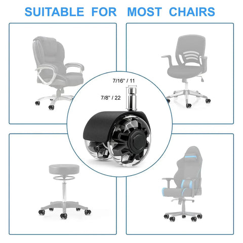 Dual Rubber Office Chair Wheels Two Inch Set Of Five Heavy Duty Casters Support Up To 2200 Pounds Quiet Rolling For Hardwood Floors And Carpets Universal Fit Seven Sixteenths By Seven Eighths Inch Black