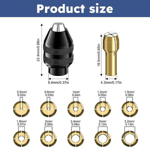 Drill Chuck Collet Set For Dremel Tools, 28 Piece Kit With product size dimensions for chucks and collets in detailed view.