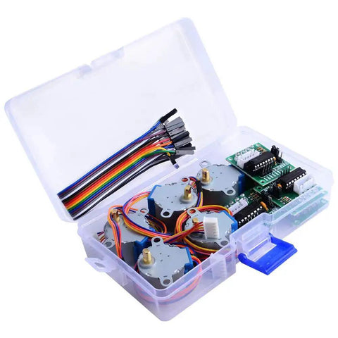 5 Pack Geared Stepper Motors 28BYJ-48 5V with ULN2003 Driver Board, Dupont Wires, and Ribbon Cables in storage box for robotics projects