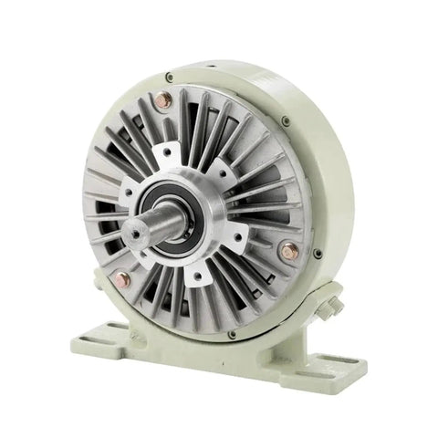 Electromagnetic powder brake with base; round silver housing on light-green stand, single shaft