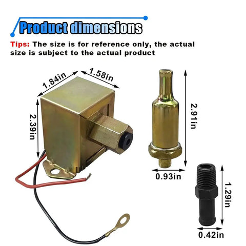 Universal 12V Electric Fuel Pump With Installation Kit dimensions showing iron housing and parts for easy install in vehicles.