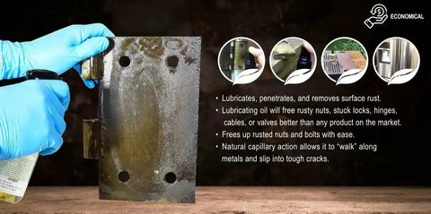 Eco Friendly Multipurpose Lubricant Spray Penetrating Oil For Auto Home Bike RV Removes Surface Rust And Lubricates Penetrates Quickly Cleans 8 Oz Bottle being applied to a metal hinge by a gloved hand.