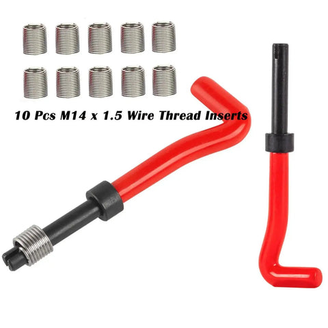 10 Pcs M14x1.5 Wire Thread Inserts with red installation tool, part of the 15 Piece M14x1.5 Thread Repair Kit With Helicoil Inserts, HSS Drill Bits And Taps For Auto Repair And Motorcycle Maintenance, Gearhead Approved Durable Steel Set For Easy Thread Restoration And Quick Vehicle Fixes.