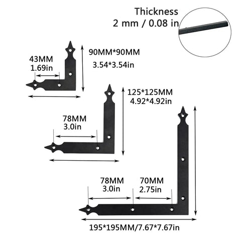 Set Of Four L Shape Corner Brackets In Carbon Steel With Black Anti Rust Coating For Sliding Barn Doors Functional And Decorative 90x90mm 125x125mm 195x195mm Sizes Ideal For Garage Doors Gates Shutters And Furniture, diagram with dimensions and thickness details