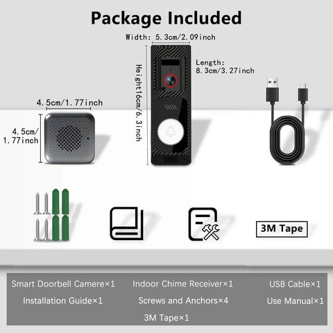 Package contents of Wireless Video Doorbell With Chime And HD Camera, Long Battery Life, 92 Degree Wide View And Pan, AI Motion Detection.