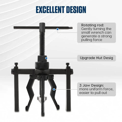 Three Jaw Bearing Puller Tool Kit For Pilot And Blind Bearings with sturdy CR-V Steel and three-jaw design highlighting features