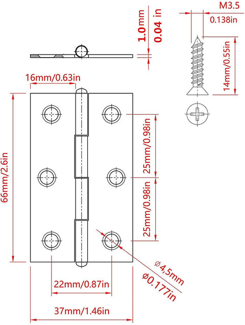 Stainless steel folding door/window hinge, 3-inch, with mounting screws; front and side views with dimensions.
