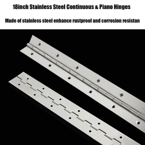 Hinges set of four, 18-inch stainless steel continuous and piano hinges, heavy-duty, polished finish, 0.04in leaf, 1.2in open