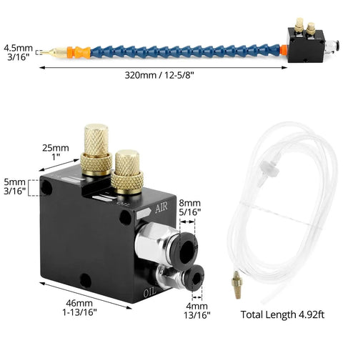 Mist Coolant Lubrication Spray System for CNC Lathe Milling Machines components and dimensions displayed.