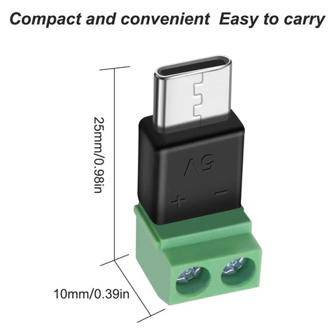 USB Type C Solderless Connector Screw Terminal Adapter USB C Male To 2 Pin Terminal Block 5V Power Output Great For Extension, Charging, DIY Repairs, 5 Pack