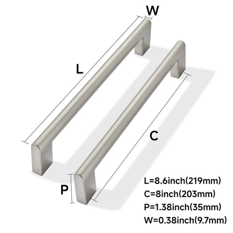 2 Pack 8 Inch Hole Center Brushed Satin Nickel Cabinet Pulls Heavy Duty Solid Metal Hardware shown with size dimensions and features.