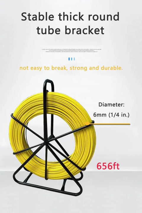 6Mm Fiberglass Fish Tape With Steel Reel Stand, 200M Duct Rodder Wire Puller, yellow tape on black stand, 656ft length