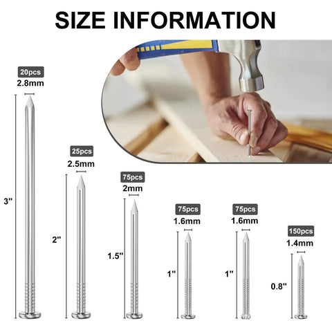 420 Piece Stainless Steel Hardware Nails Set For Home Use With Six Sizes Up To Three Inches Long Including Wood Nails Wall Nails Brad Head Nails And Finish Nails Ideal For Hanging Pictures And Everyday DIY Woodworking with size information and hammering demonstration.