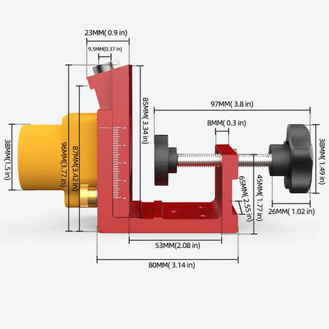 Side view of Pocket Hole Jig System with Aluminum Alloy Construction for precise cabinet making, featuring detailed measurements.