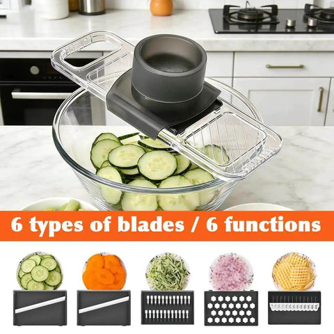 Six In One Mandoline Slicer With Adjustable Blades And Safe Hand Guard on kitchen counter with cucumber slices in bowl