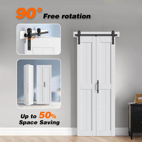 60 By 84 Inch White Bi Fold Barn Door With Hardware Kit And Handle Solid MDF With Waterproof PVC Surface shown in room.