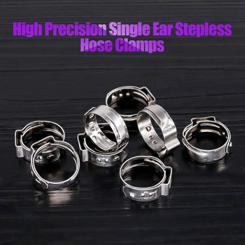 304 Stainless Steel Single Ear Hose Clamp Kit 35Pcs 15.3mm 18.5mm Crimp Ear Clamps on black background