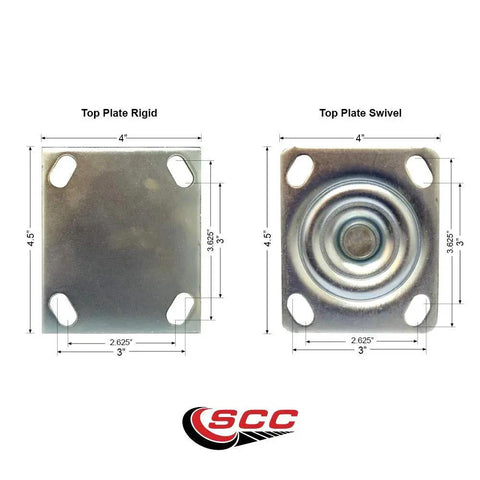 Top plates of rigid and swivel casters part of Beefy Heavy Duty Swivel Caster Set Of Four With Five Inch V Groove Semi Steel Cast Iron Wheels And Ball Bearings