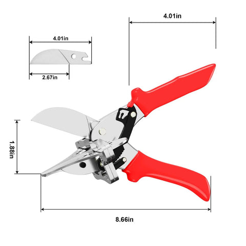 Ratchet Miter Shears Multi-Angle Cutter 45-135° Single Pack for Trim, dimensions, red handles, SK5 blade, tool on white background
