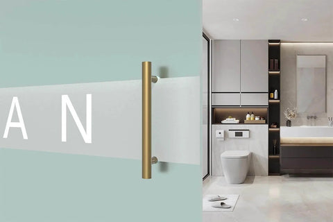Titanium Gold Round Barn Door Handles Set, Double Sided Pull Push For French Doors And Exterior Shower Doors, shown in a modern bathroom.