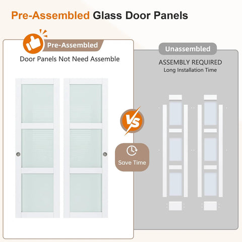 Comparison of preassembled vs unassembled Double 25 Inch Sliding Closet Door Set For Bedroom with 48 by 80 inch frosted panels