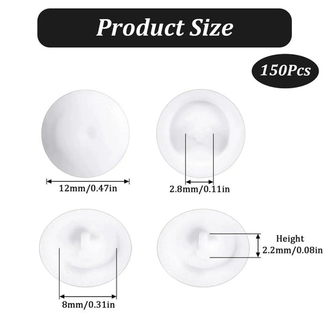 Product sizing diagram of 150 Pieces White Waterproof Self Tapping Screw Cap Covers, 12mm diameter