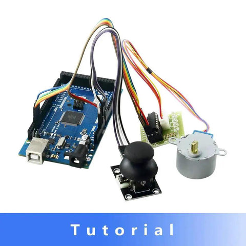Ultimate STEM Electronics Starter Kit with Mega 2560 Board, tutorial guide, jumper wires, and stepper motor components.