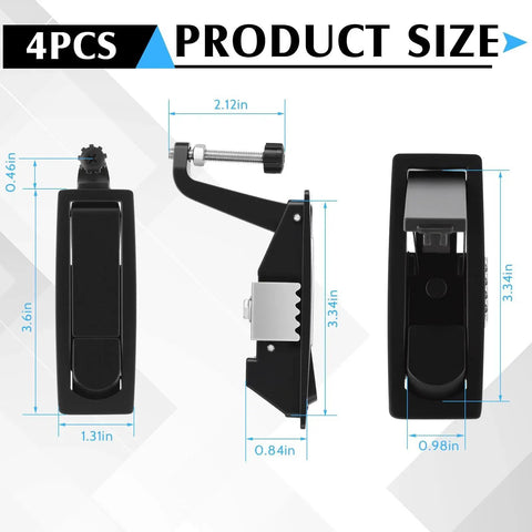 Front, side, and installed views of Zinc Alloy Compression Latch With Raised Trigger And Grip 0.04 To 0.94 Inch, 4-pack.