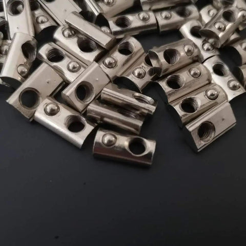 100 Pack Spring Loaded M5 T Nuts for 20x20 Aluminum Extrusions in the 20 Series Roll In Style, silver nickel-plated finish