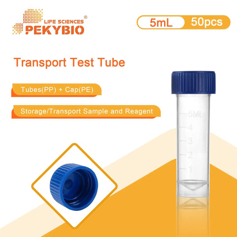 PEKYBIO 5ml sterile plastic graduated test tubes with blue screw cap, self-standing transport tubes, 50 pcs