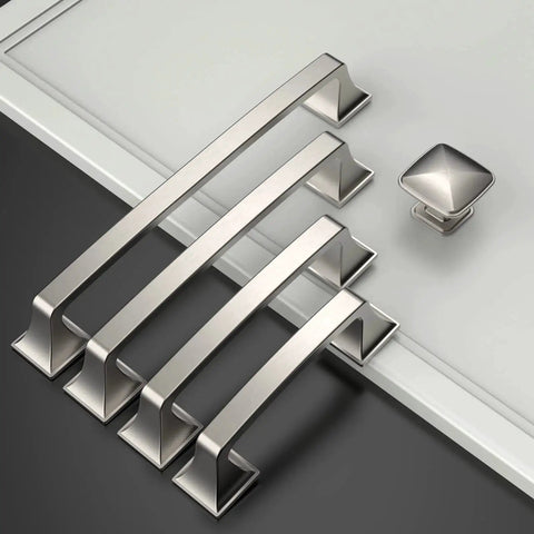 10 Pack Brushed Satin Nickel 3.75 Inch Hole Centers 96mm Cabinet Pulls for Kitchen Cabinets and Drawers displayed on surface