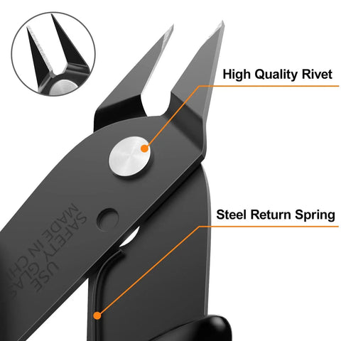 Close-up of Flush Cut Micro Wire Cutter 2 Pack for Jewelry Making Electronics Beading Wire Zip Ties and Model Building 5 Inch Nippers showing cutting jaws and rivet.