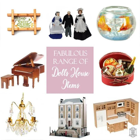 Collage of dollhouse items including figures, miniature piano, chandelier, kitchen set, building, basket, and sign.