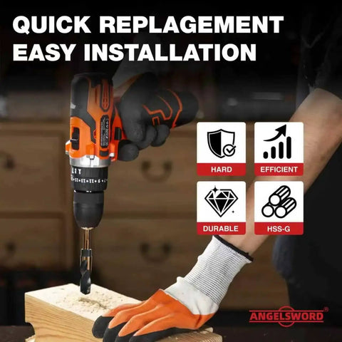 Heavy Duty Pro Grade 3/4 Inch Reduced Shank Drill Bit in M2 High Speed Steel in use drilling wood, with icons showing features