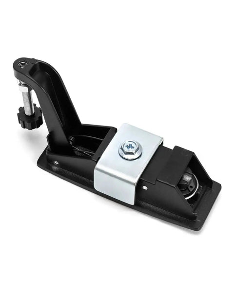 Side view of large hand operated compression latch with push button actuation for marine use, featuring corrosion-resistant materials.