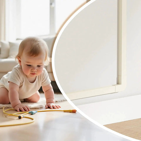 Beige One Cord Cable Hider Kit For Walls, 85 Inch Cord Covers for TV wires, shown installed keeping cords out of baby's reach