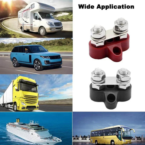 Bus Bar Terminal Block Power Stud Size 0.3125 Inch Battery Junction Post Distribution Block Insulated With Cover DC 48V 250A For Auto Truck RV Boat Red And Black Beefy shown with vehicles in background