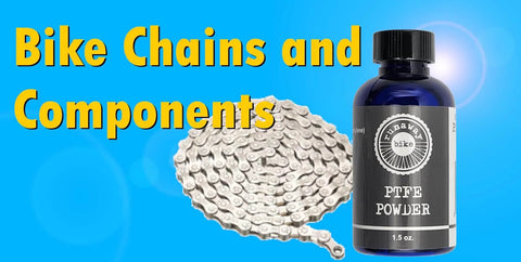 100 Percent PTFE Dry Lubricant Ultra Fine Powder For Metal And Plastic bottle next to bike chain on blue background