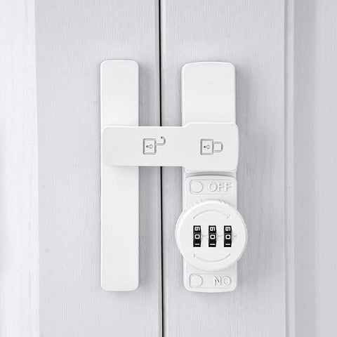 White 180 Degree Barn Door Lock With 3 Digit Keyless Password, no key needed, flip latch privacy lock shown on door