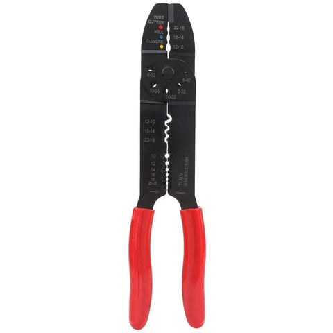 All In One Crimping Pliers Heavy Duty For Wire Terminals with ergonomic red grip and carbon steel blades for precise stripping.