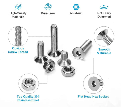 360 Pcs Metric M2 304 Stainless Steel Flat Head Hex Socket Cap Bolts Screws Nuts Set M2 To 20mm Assortment Kit For DIY Projects Machinery And Auto Repairs, featuring high-quality materials and anti-rust properties.