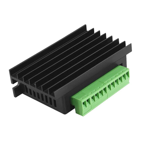 Close-up of Two Pack TB6600 Stepper Motor Driver Kit 4A 9 to 42V with 32 subdivision for Nema motors, black and green connectors.