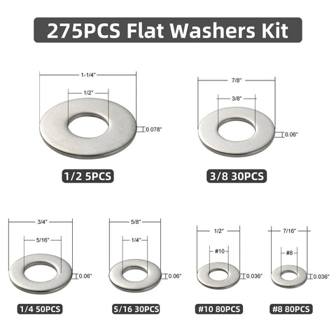 275-piece VGBUY stainless steel flat washers kit, 304 stainless, assorted SAE sizes 1/2, 3/8, 1/4, 5/16, #10, #8.