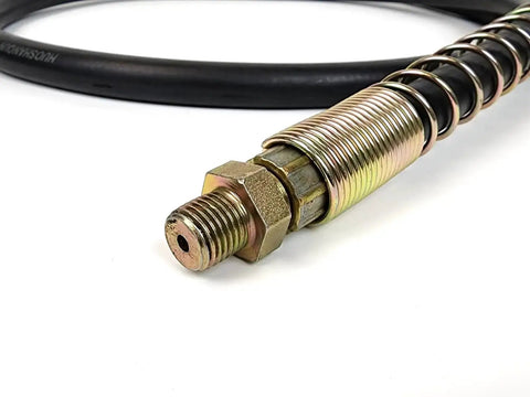 Close-up of Heavy Duty Hydraulic Hose For TH0037 Knockout Punch Driver Direct Replacement With Swivel Fitting 61 Inch Length.